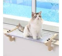 Zakkart Easy Seat Cat Perch for Window Sill - Hammock Design w/Pine Wood & Robust Metal Frame - Cat Window Seat for Large Cats and Kittens (Natural Color Wood w/Gray Bed, Large (26''W x 14''D))