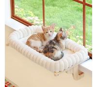 Zakkart SnugCloud Cat Window Perch with 4-Sided Bolster - Orthopedic Cat Hammock for Window Sill - Solid Hardwood & Metal Frame - Window Seat for Pets (Natural Color Wood w/White Bed, Large)