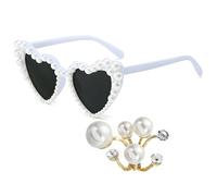 Zaky 2 Pcs Heart Sunglasses Fashion Classic Love Eye Protection White Sunglasses Pearl Ring for Women Adjustable Open Promise Stacking Pearl Rings