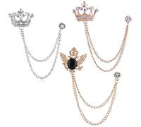Zaky 3 Pcs Men's Golden Silver Crown With Hanging Chain Brooch, Lapel pin, lapel pins for men Suit Pin Vintage Chain Brooch Suit Shirts Accessories