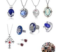 Zaky 35 pcs The Vampire Di.s Daywalking Katherine Sapphire Crystal Pendant Necklaces Damon Ring Elena Verbena Opening Charm Necklace Movie Jewelry Set Cosplay for Fans with Stickers