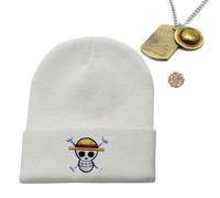Zaky Anime OP Beanie Hats Skull Skeleton Knit Hat Straw sun Hat Ruffy Costume Cosplay Necklace with Cartoon Character Z. Stickers 12 pcs(White)