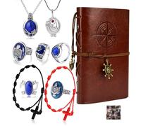 Zaky The Vampire Vintage Leather Notebook Daywalking Katherine Necklace Sapphire Crystal Pendant Ring Damon's Jewelry Set With Character Stickers 20 Pcs