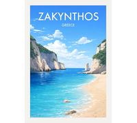 Zakynthos Greece Travel Poster, Beach Coastal Landscape, Blue Ocean Cliffs, Vintage Style Wall Art. Size A4