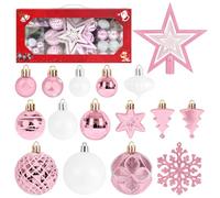 ZALAON 105 Pcs Babubles, 1.2/1.5/2/2.3 Inch Pink/White Christmas Balls Decoration Shatterproof Tree Baubles Treetop Star Hanging Snowflakes Pedant Balls Set With Strings