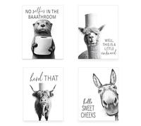 ZALAOR 4PCS Funny Bathroom Wall Art Posters - Highland Cow and Donkey Wall Art Decor - Rustic Farmhouse Animal Humour Canvas Prints for Bathroom Toilet Living Room Decor 25 × 20 cm
