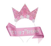 ZALAOR 7th Birthday Girl Headband and Sash Set - Glitter Crown Tiara Headband with “It's My 7th Birthday” Sash - Princess Flower Crown Birthdays Outfit Accessories for Girls Party Decorations