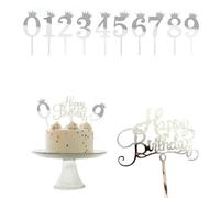 zalati Cake Toppers 11pcs Acrylic Personalised Decoration with Number Pattern & Happy Birthday for DIY Baking Theme Party - 10pcs Number & 1pcs Word, Silver