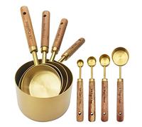 Zalaxt Gold Measuring Cups and Spoons Set with Fragrant Wood Handle, Measuring Cups, Metal Measuring Spoons and Measuring Cup Set for Cooking & Baking, Set of 8 pcs
