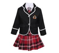 Zaldita Girls Classic British Style School Uniform Anime Costume Blazer Shirt Tie with Mini Plaid Skirt Set Black 8-10 Years