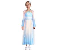 Zaldita Girls Rhinestones Classical Dance Dress Costume Flared Sleeve Sheer Mesh Dress with Weight Pants And Haedwear Light Blue 9-10 Years