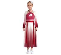 Zaldita Girls Rhinestones Classical Dance Dress Costume Flared Sleeve Sheer Mesh Dress with Weight Pants And Haedwear Burgundy 9-10 Years