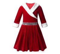 Zaldita Kids Boys Girls Santa Claus Costume Christmas Velvet Long Sleeve Sequins Fur Dress Ice Skating Dress Collar-Red A 13-14 Years