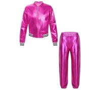 Zaldita Kids Girls Shiny Metallic Tracksuits Jacket with Pants Set Hip Hop Street Dance Performance Costume Rose 9-10 Years