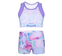 Zaldita Kids Girls Tie Dye Active Gymnastics Dance Sports Outfits Sleeveless Crop Tops with Shorts/Leggings Tracksuit Set Colorful Shorts 3-4 Years