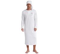 Zaldita Men Sleep Gown Long Sleeve Nightshirt Night Pajama Set Sleepwear Loose Robe and Sleeping Cap White L