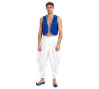 Zaldita Mens Adult Arabian Prince Costume Set Cosplay Persian Ara Genius Vest With Harem Pants Street Rat Suit Royal Blue White 3XL