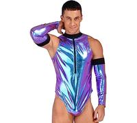 Zaldita Mens Astronaut Costumes Metallic Cosplay Outfit Party High Cut Bodysuit with Oversleeve Colorful L