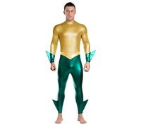 Zaldita Mens Metallic Shiny King Triton Costume Masquerade Poseidon Merman Suit Fancy Dress-up Outfit Gold Green XXL