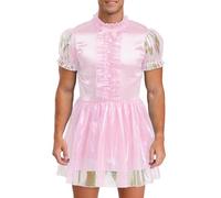 Zaldita Mens Shiny Sissy Maid Dress Short Puff Sleeve A-line Dress Chemise Sleepwear Cosplay Costumes Pink XL