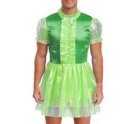 Zaldita Mens Shiny Sissy Maid Dress Short Puff Sleeve A-line Dress Chemise Sleepwear Cosplay Costumes Green L