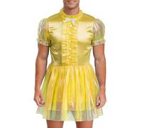 Zaldita Mens Shiny Sissy Maid Dress Short Puff Sleeve A-line Dress Chemise Sleepwear Cosplay Costumes Yellow 3XL