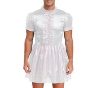 Zaldita Mens Shiny Sissy Maid Dress Short Puff Sleeve A-line Dress Chemise Sleepwear Cosplay Costumes White M