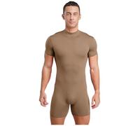 Zaldita Mens Short Sleeve Bodysuit Yoga Workout One Piece Rompers Back Zip Compression Onesie Jumpsuit Khaki XL