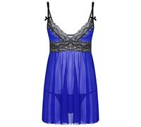 Zaldita Men's V-Neck Sheer Lace Floral Mesh Sissy Sleepwear Night Dress Babydoll Lingerie with Briefs Royal_Blue L