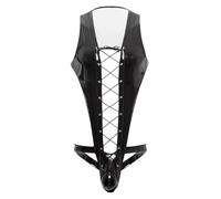 Zaldita Men's Wet Look Patent Leather Leotard Bodysuit Lace-up Pouch Thong Jumpsuit Catsuit Clubwear Black L
