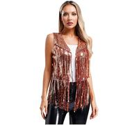 Zaldita Women Sequin Fringe Vest 70s Hippie Costume Rivets Tassel Sleeveless Cowgirl Western Costume Gold S