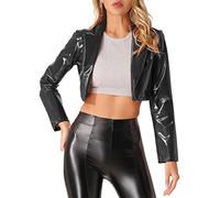 Zaldita Women's PVC Leather Lapel Style Long Sleeve Cropped Moto Biker Coat Motorcycle Jackets Costume Black 3XL