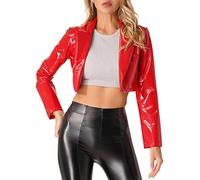 Zaldita Women's PVC Leather Lapel Style Long Sleeve Cropped Moto Biker Coat Motorcycle Jackets Costume Red 3XL