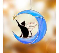 ZallDoli Cat Memorial Gifts- Angel Black Cat on Blue Moon Stained Glass Cat Suncatcher -Perfect for Cat Lovers & in Loving Memory - Handmade Copper Foil Method - Use as Window or Home Decoration.