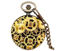 ZALTAS Antique Blue Quartz Pocket Watch Vintage Gear Necklace Pendant Clock with 30cm Wrist Chain Fob Watch