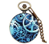 ZALTAS Antique Blue Quartz Pocket Watch Vintage Gear Necklace Pendant Clock with 30cm Wrist Chain Fob Watch
