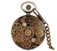 ZALTAS Antique Blue Quartz Pocket Watch Vintage Gear Necklace Pendant Clock with 30cm Wrist Chain Fob Watch
