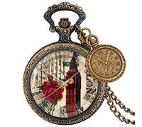 ZALTAS Bronze Transparent Glass Big Ben Pattern Rose Flower Design Quartz Pocket Watch Roman Numbers Pendant Clock