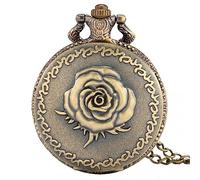 ZALTAS Retro Bronze Three-Dimensional Rose Flower Pattern Quartz Ancient Necklace Chain Flowers Clock Pendant