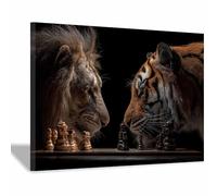 ZAMAEIU Animal Pictures For Wall, Lions and tigers playing chess, art prints and posters, Suitable for Living Room Bedroom Decor Kid's Room Wall Decoration(brown)-20x30cm Framed