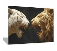 ZAMAEIU Animal Wall Art, Lions-tigers pair, animal wall art prints, Suitable for living room, bedroom, Apartment Corridor Office etc.(golden)-30x50cm Framed