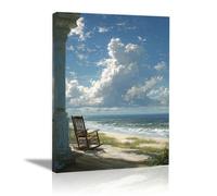 ZAMAEIU Blue Ocean Beach Landscape Paintings, Rocking chair beach, Seascape Poster Nature Print for Living Room Hang Bedroom Bathroom Decor(blue)-50x70cm Framed