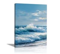 ZAMAEIU Blue Ocean Beach Landscape Paintings, Wavess hitting the shore, Seascape Poster Nature Print for Living Room Hang Bedroom Bathroom Decor(blue)-20x30cm Framed