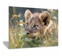 ZAMAEIU Canvas Print Wall Art, Lions cub playing, Abstract Animal Paintings, Suitable for living room, bedroom, for Kids Room Decoretc.(brown)-60x90cm Framed