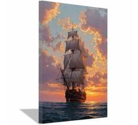 ZAMAEIU Canvas Wall Art Beach Sails gliding through the sunset Coastal Print Painting Seascape Vintage Artwork for Seaside Living Room Bedroom Bathroom Decor(blue)-70x100cm Framed