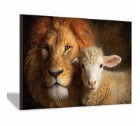 ZAMAEIU Canvas Wall Art, Lions and sheep playing together, Picture Wildlife Painting, Animal Canvas Artwork Modern Home for living room, bathroom, etc.(brown)-80x120cm Framed