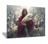 ZAMAEIU Christ Religions Canvas Wall Decor Protecting thes lambs Modern Abstract Religious Posters Prints for Living Room Bedroom Church Home Decoration(white)-50x70cm Framed