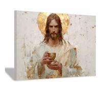 ZAMAEIU Jesus Canvas Wall Art Holy Holding Cup large mural decoration,Catholic home decor for Church Office Living Room Bathroom Inspiration Room(white)-80x120cm Framed