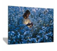 ZAMAEIU Jesus Picture Poster Readings amidst flowers Christ Canvas Painting Wall Art Print,for Living Room,bedroom Apartment office corridor Decor(blue0)-30x50cm Framed