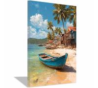ZAMAEIU Ocean Beach Canvas Wall Art Boats moored ons the shore Canvas Prints Posters Modern Artwork for Living Room Bedroom Bathroom Home Office(blue)-20x30cm Framed